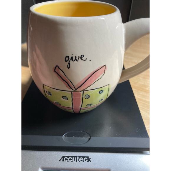 Rae Dunn ‘Give’ 'Joy to the World' White Green Black Coffee Mug Pre-Owned - Picture 6 of 6